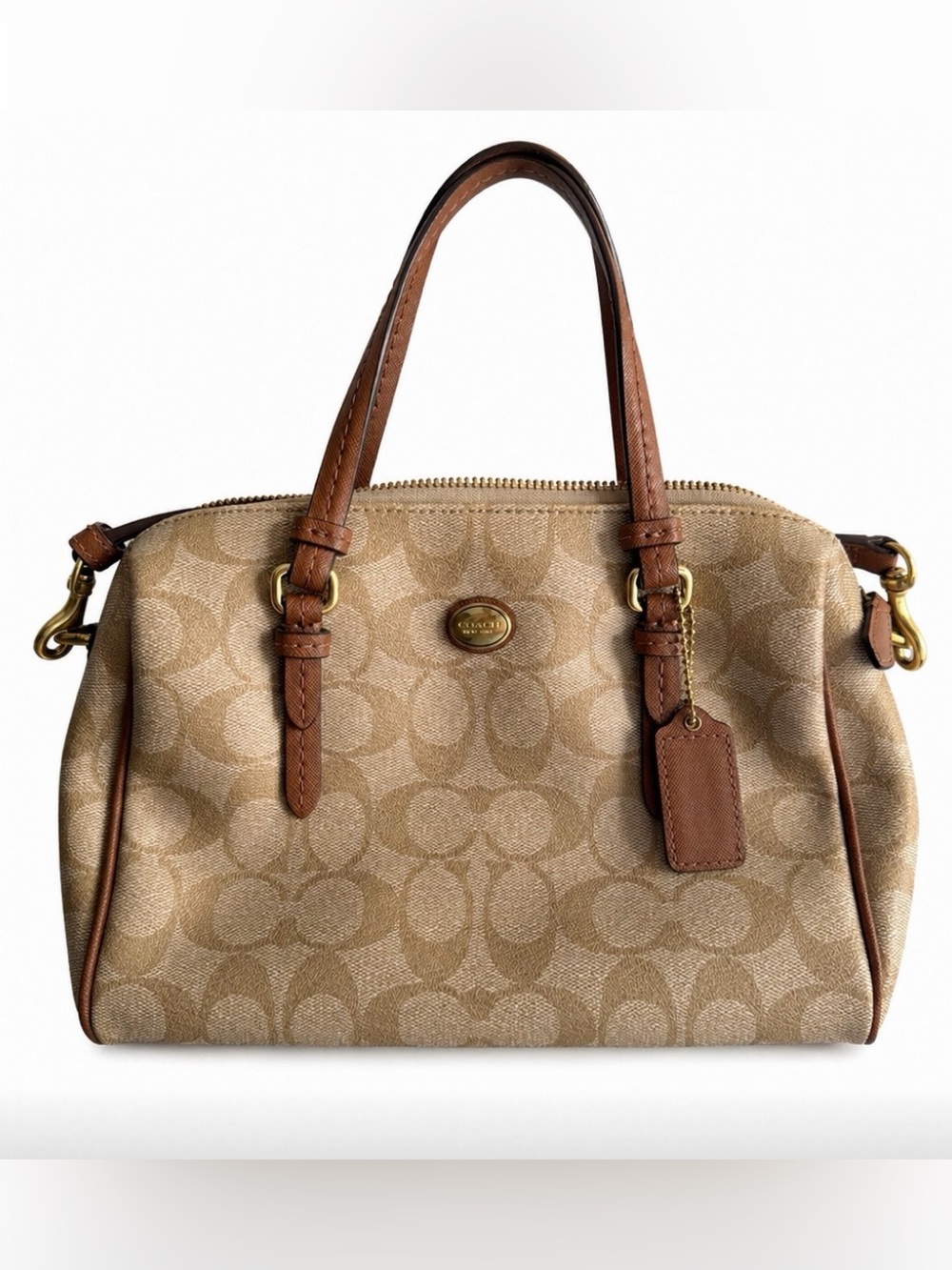 Coach Khaki and Brown Signature Satchel with Gold Hardware